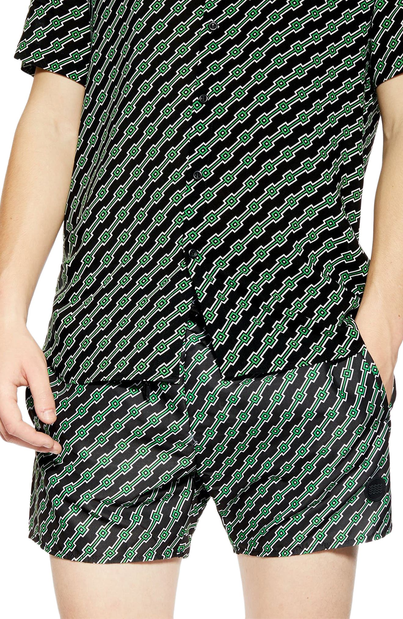 Topman Geo Print Co-Ord Swim Trunks, Black