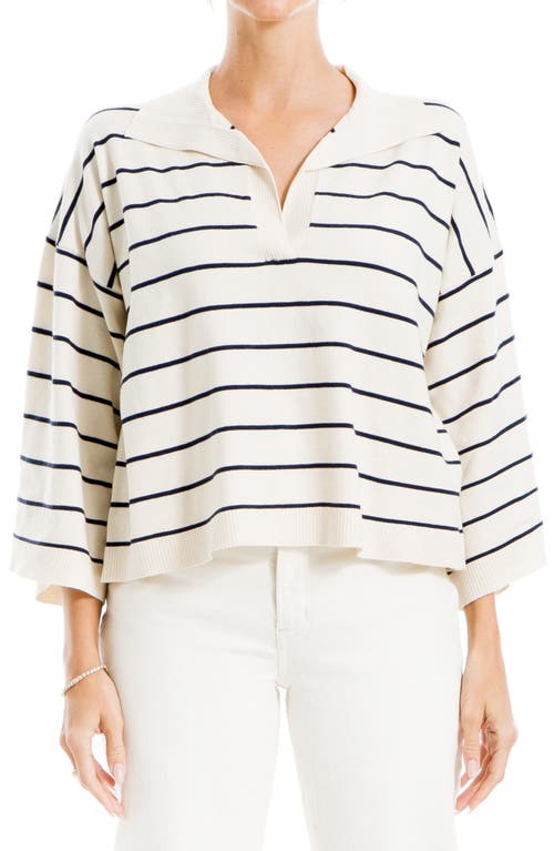 Shop Max Studio Stripe Johnny Collar Crop Sweater In Off White/indigo