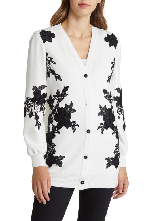 Shop Misook Floral Appliqué Cardigan In Black/white