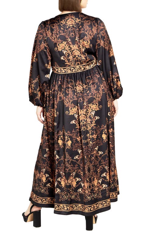 Shop City Chic Ivanna Scarf Print Long Sleeve Maxi Dress In Black/gold Opulent