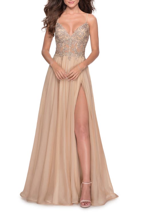 La Femme A-line Gown With Sheer Floral Embellished Bodice In Nude