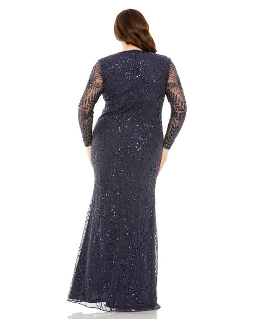 Mac Duggal Long Sleeve Mesh Embellished Gown In Midnight