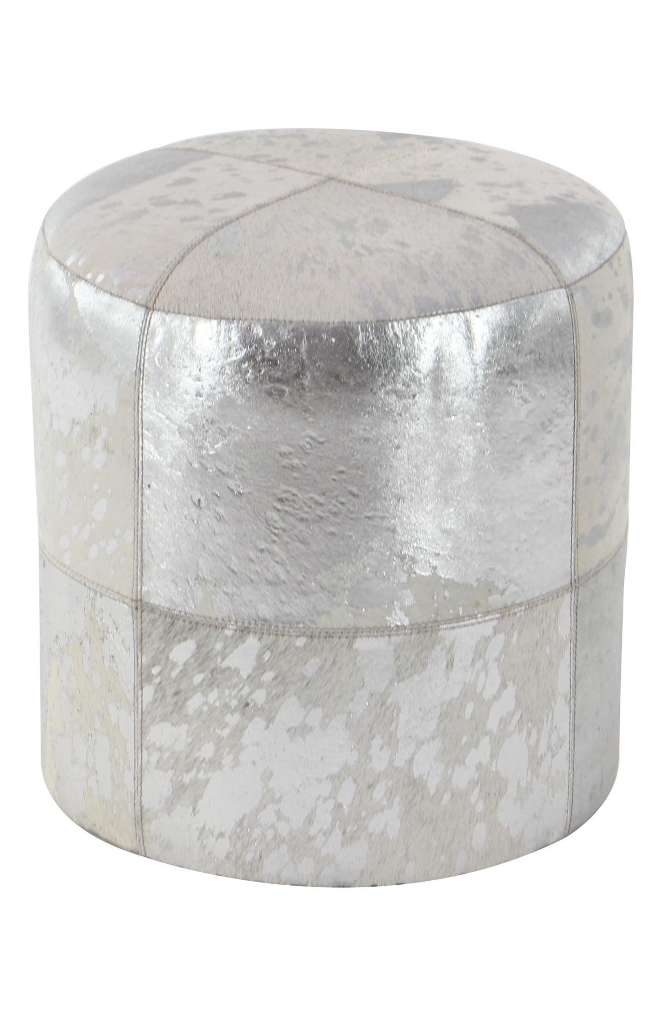 Willow Row White Leather & Wood Glam Ottoman In Silver