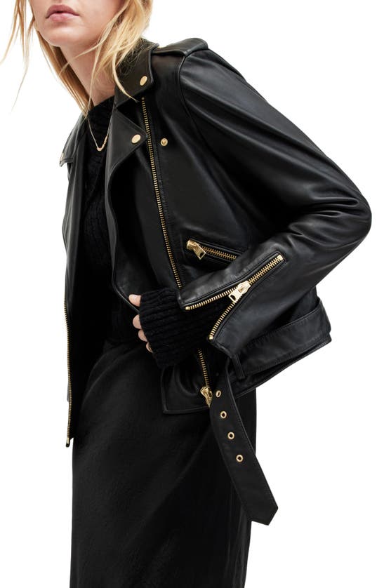 Shop Allsaints Balfern Belted Leather Biker Jacket In Black/ Gold