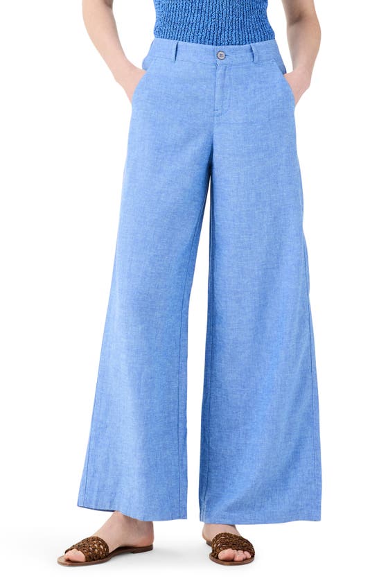 Shop Nic + Zoe Nic+zoe Rumba Organic Linen Blend Wide Leg Trousers In Blue Mix