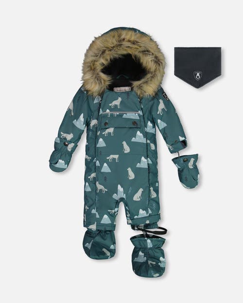 DEUX PAR DEUX DEUX PAR DEUX BABY BOY'S ONE PIECE BABY SNOWSUIT SAGE PRINTED WOLVES DESIGNED FOR CAR SEAT 