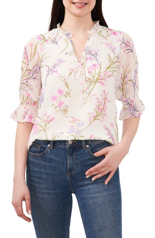 CeCe Floral Ruffle Tie Neck Top at Nordstrom,