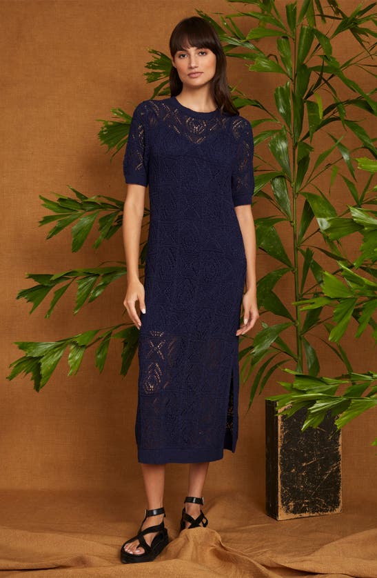 Shop Luxely Ash Pointelle Stitch Sweater Dress In Evening Blue