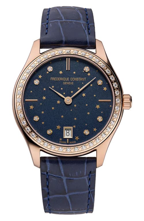 Shop Frederique Constant Classic Leather Strap Watch, 36mm In Blue/rose Gold