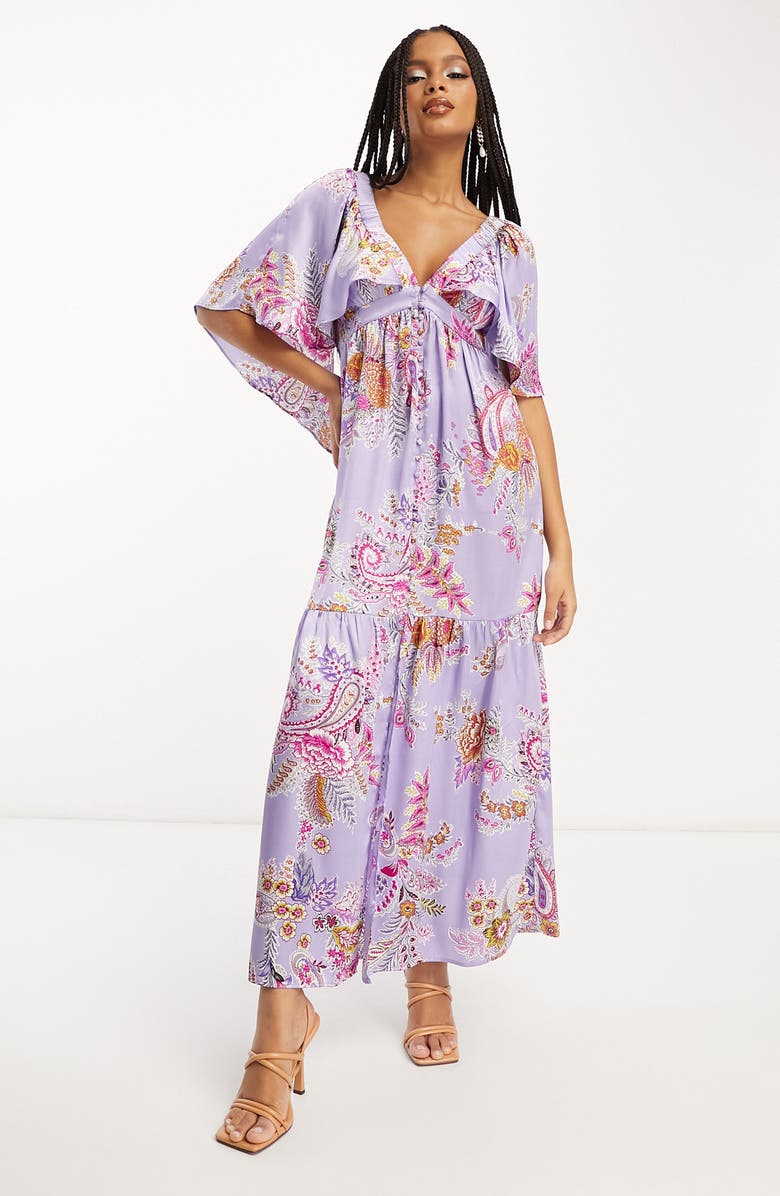 ASOS DESIGN Floral Print Flutter Sleeve Satin Maxi Dress | Nordstrom