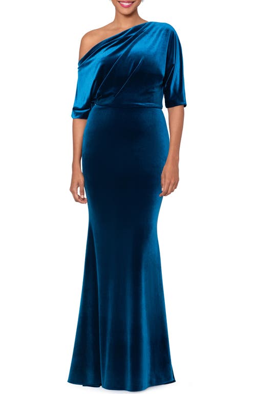 Betsy & Adam Drape One-Shoulder Velvet Gown Teal at Nordstrom,