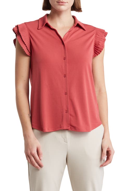 Pleated Cap Sleeve Button-Up Shirt (Regular & Plus)