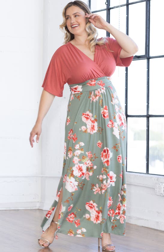 Shop Kiyonna Havana Mixed Media Floral Maxi Dress In Sage Garden Print