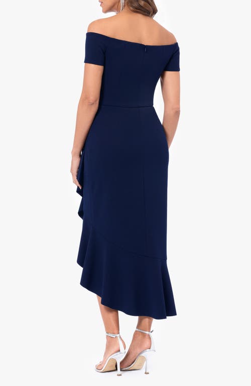 Shop Xscape Evenings Off The Shoulder Midi Cocktail Dress In Navy