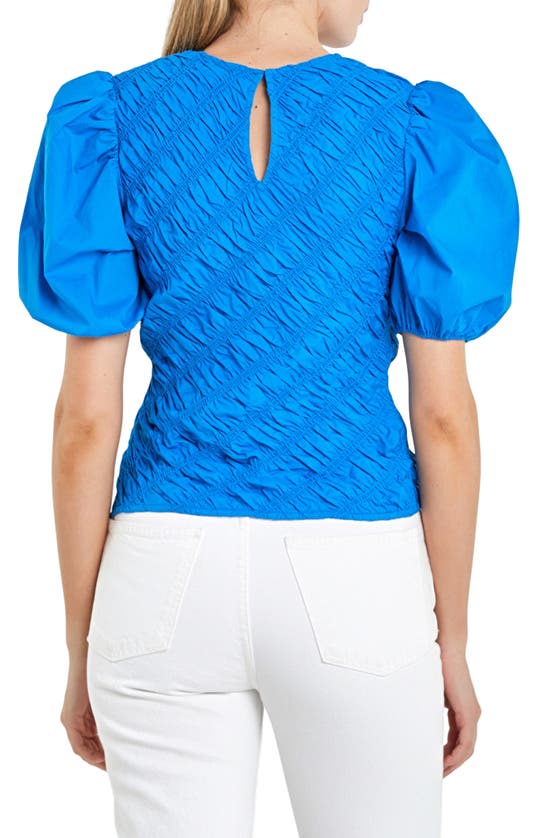 Shop English Factory Asymmetric Shirred Puff Sleeve Top In Sapphire Blue