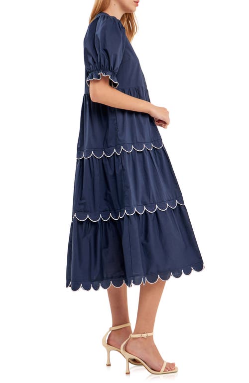 ENGLISH FACTORY ENGLISH FACTORY CONTRAST SCALLOPED TRIM COTTON MIDI DRESS 