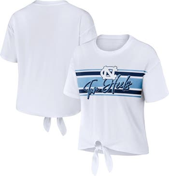 Women's WEAR by Erin Andrews White North Carolina Tar Heels Striped Front  Knot Cropped T-Shirt