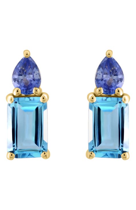 14K Yellow Gold Blue Topaz & Sapphire Stud Earrings