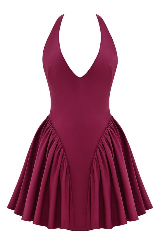 House Of Cb Valentia Plunge Halter Neck Stretch Cotton Minidress In Windsor Wine