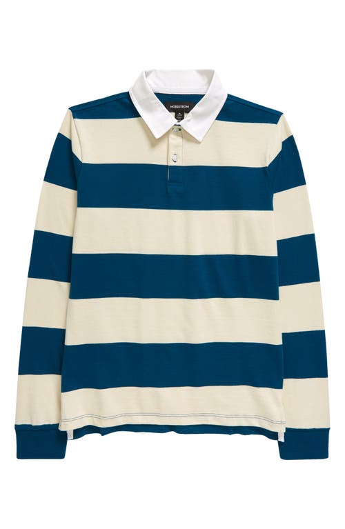 Nordstrom Kids' Stripe Long Sleeve Rugby Polo in Teal Moroccan- Ivory Stripe