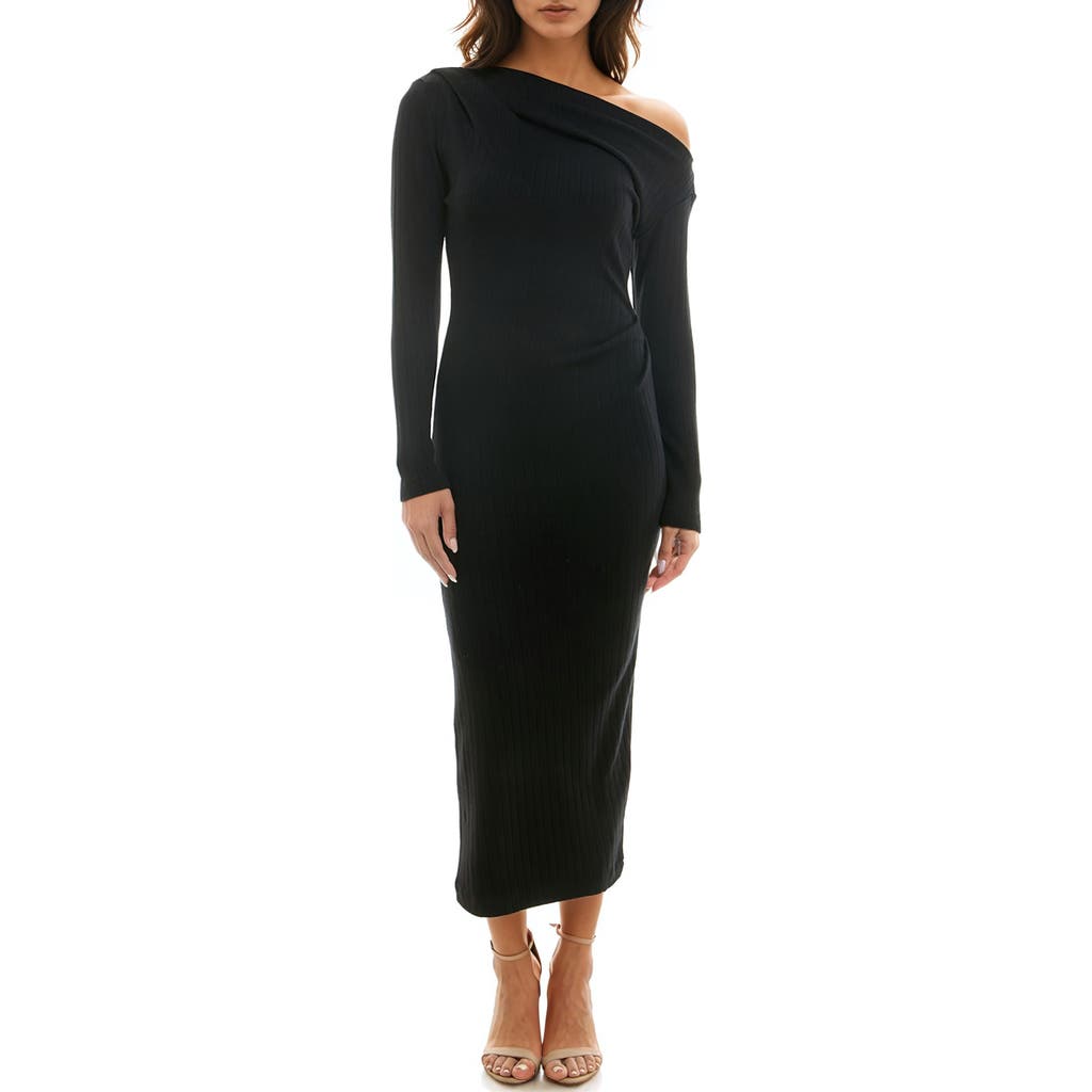 Socialite One-Shoulder Long Sleeve Rib Body-Con Dress in Black