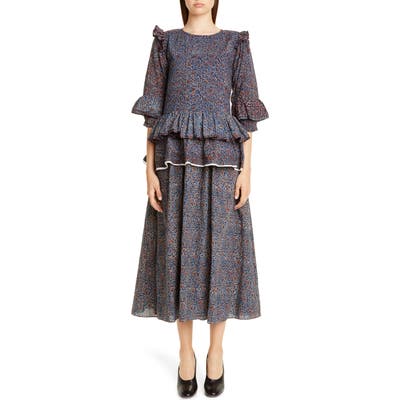 Story Mfg. Tulsi Ajrakh Floral Block Print Ruffle Midi Dress, Blue