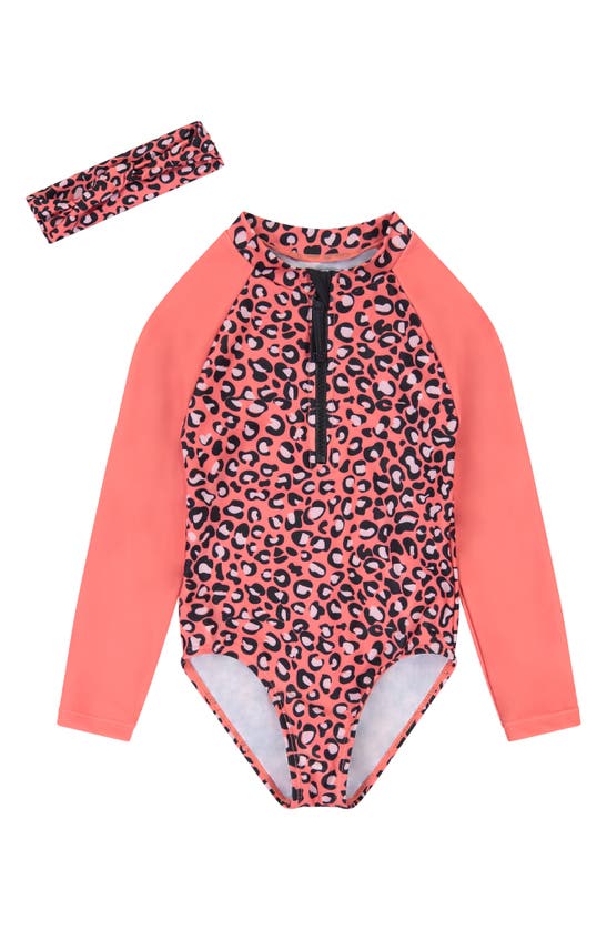 Shop Andy & Evan Long Sleeve One-piece Rashguard Swimsuit In Coral Cheetah