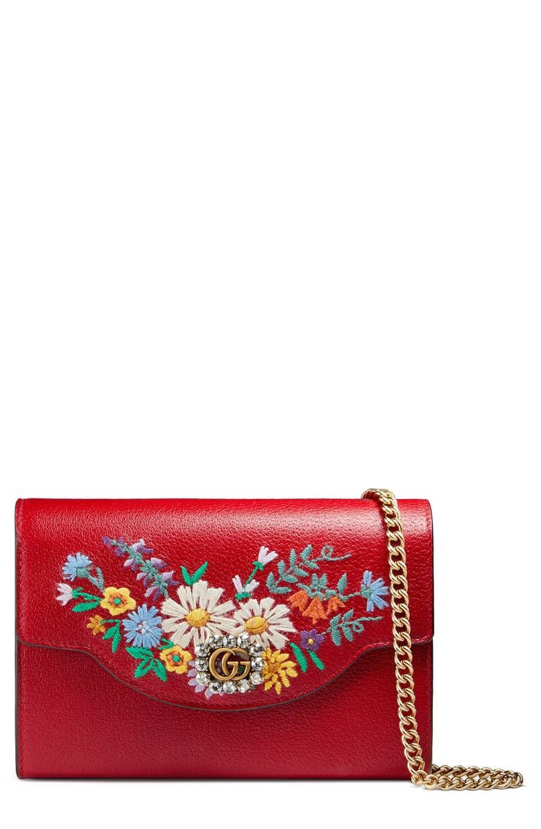 Gucci Embroidered Floral Leather Wallet on a Chain | Nordstrom