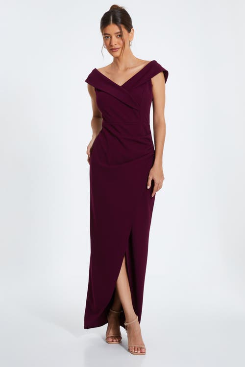 Shop Quiz Scuba Crepe Wrap Bardot Maxi Dress In Plum