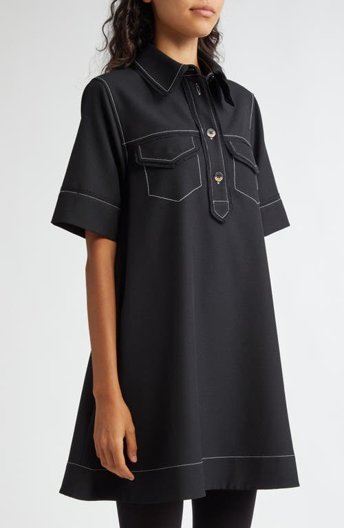 Shop Ganni Sable Topstitch Detail Crepe Swing Minidress In Black