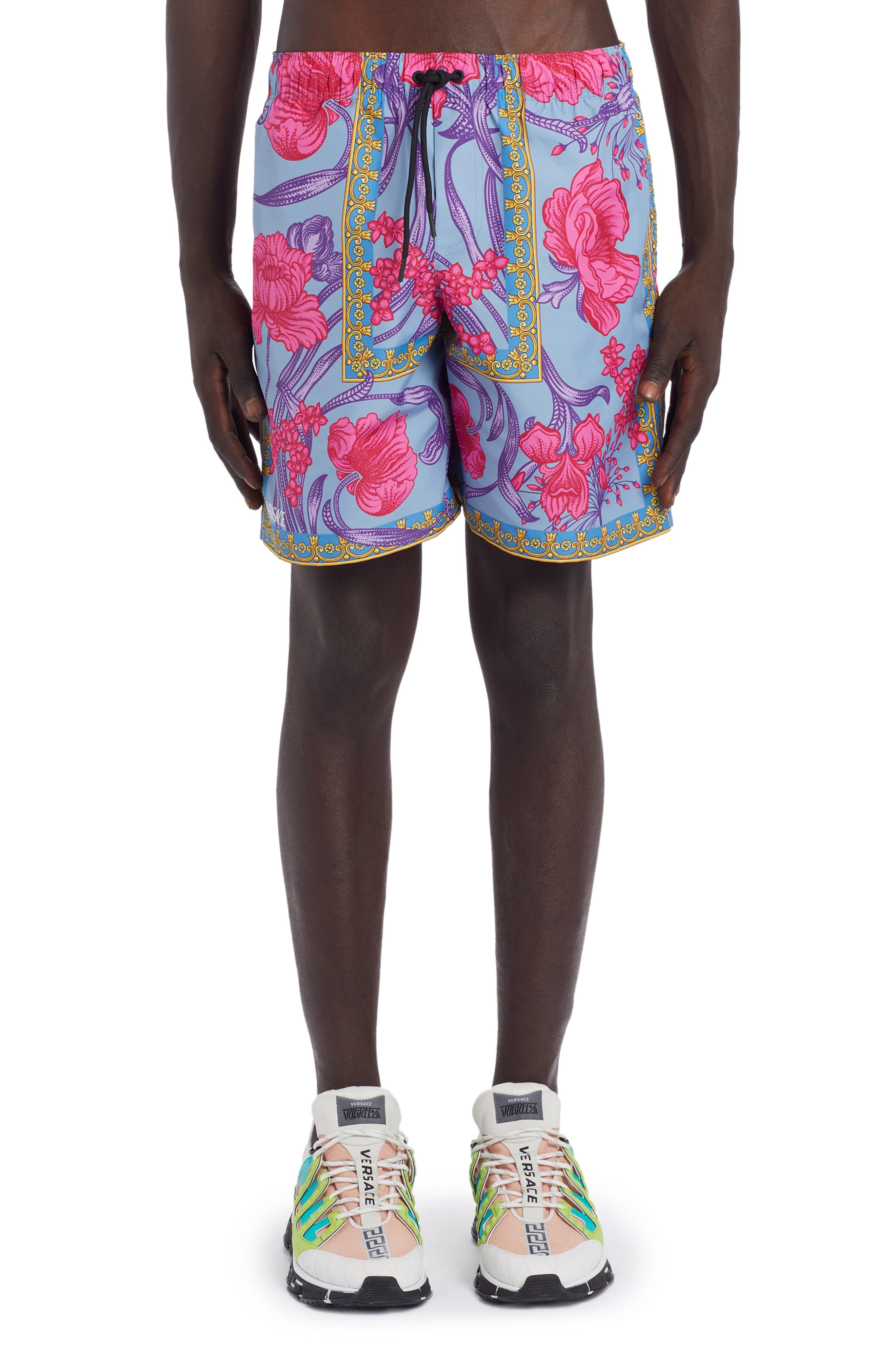 Versace First Line Acid Bouquet Floral Swim Trunks in Fuxia Blue