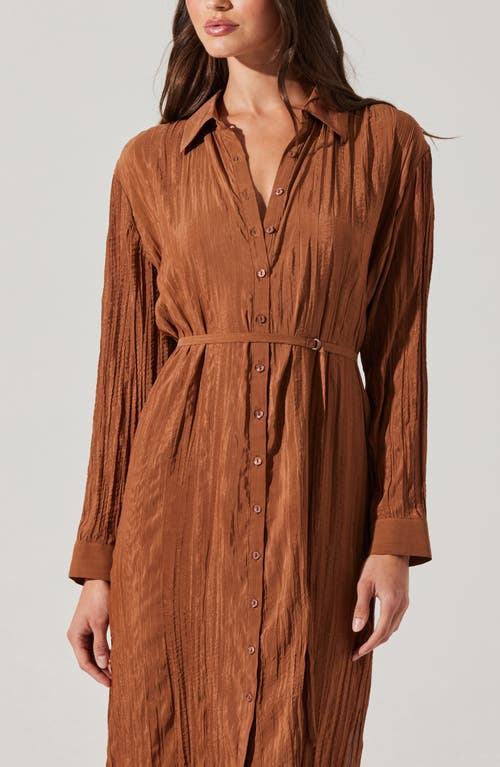 Shop Astr The Label Belted Long Sleeve Midi Shirtdress In Brown