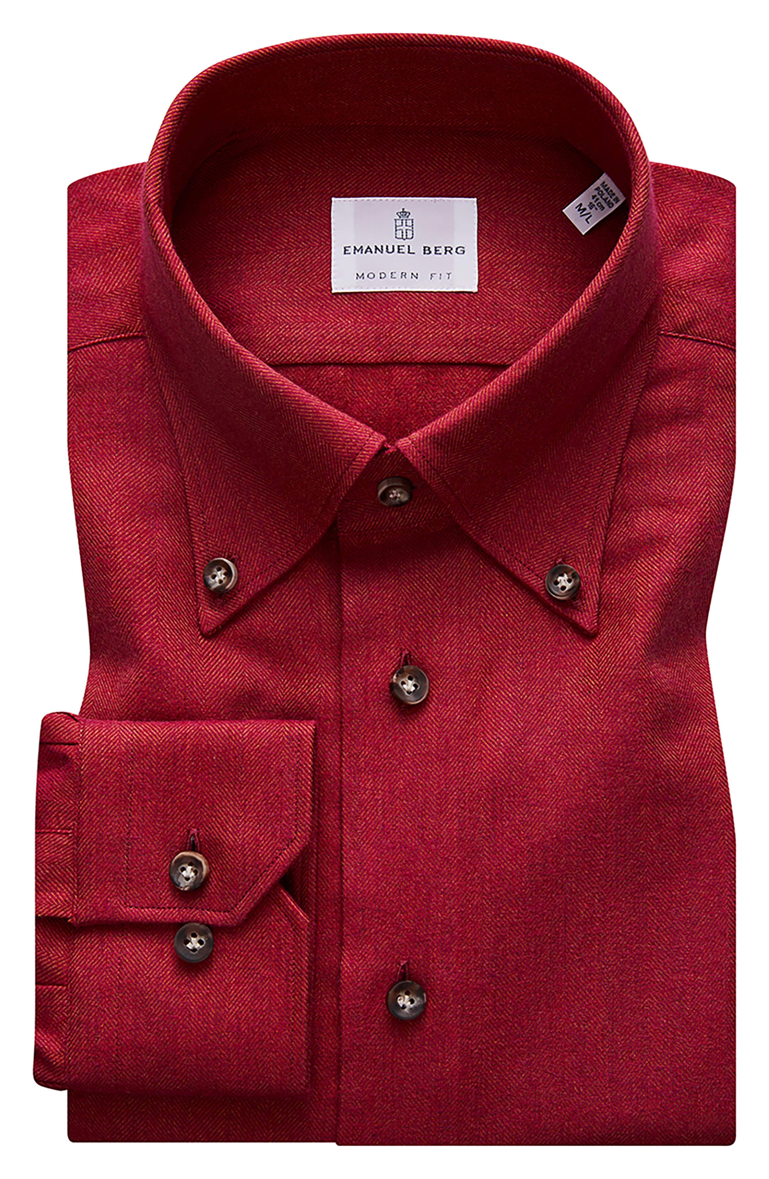 Emanuel Berg Herringbone Flannel Modern Fit Shirt in Red at Nordstrom