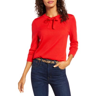1901 Tipped Tie Neck Wool Blend Sweater, Red
