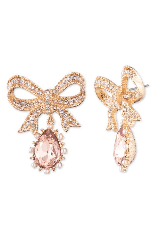 Marchesa Crystal Bow Imitation Pearl Dangle Earrings In Gold/ Vintage Rose