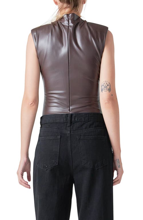 Shop Grey Lab Mock Neck Faux Leather Bodysuit In Brown