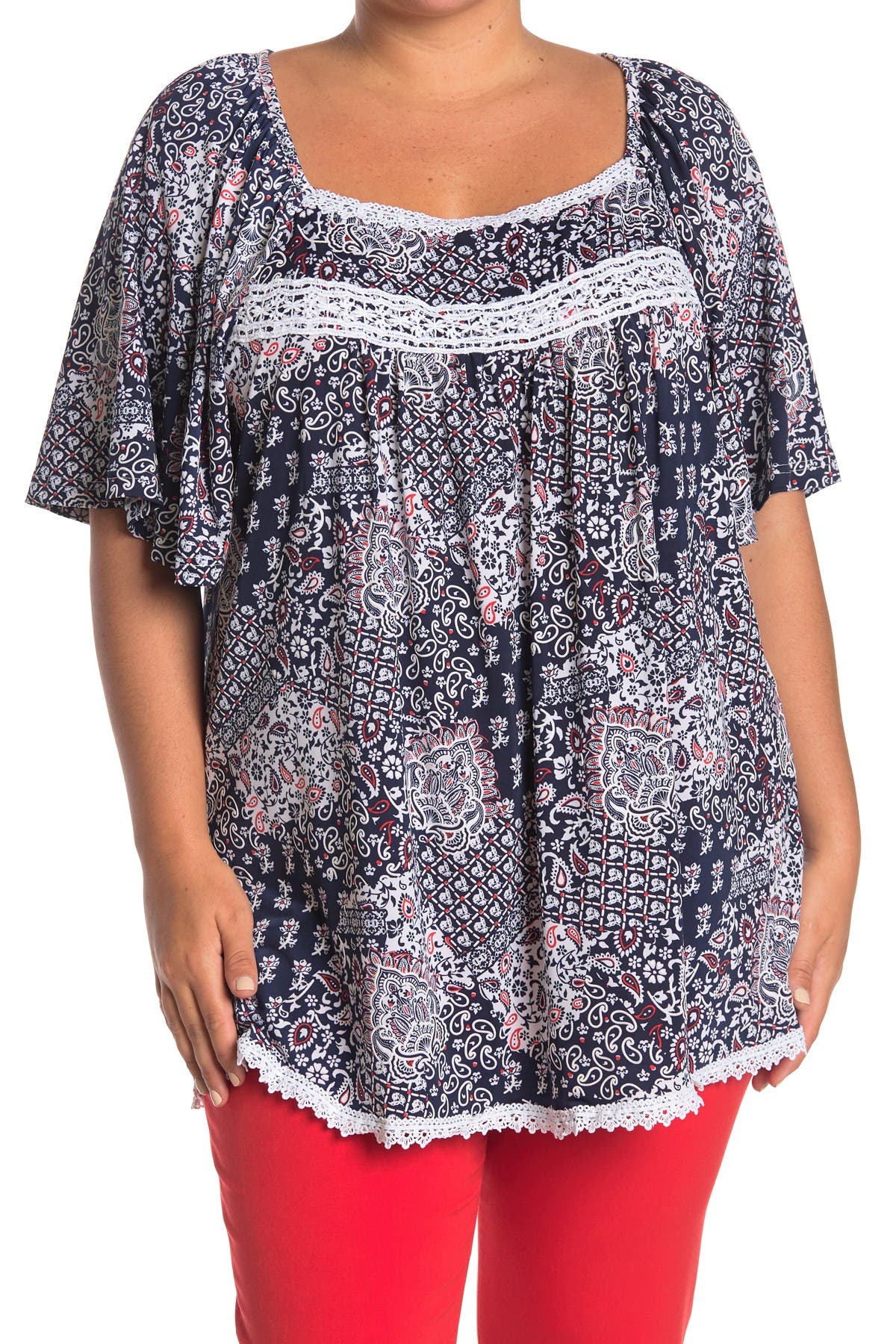 Stem And Vine Printed Lace Square Neck Top In Blue Ivory