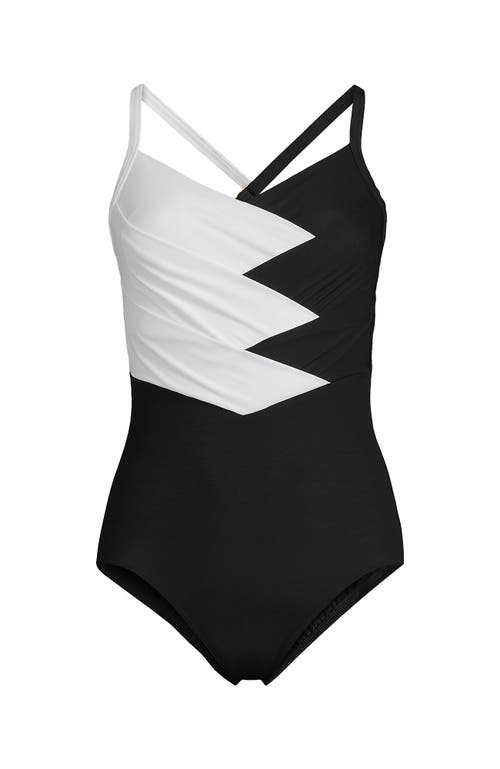 Shop Lands' End D-cup Slender Suit Pleated X-back One Piece Swimsuit In Black/white