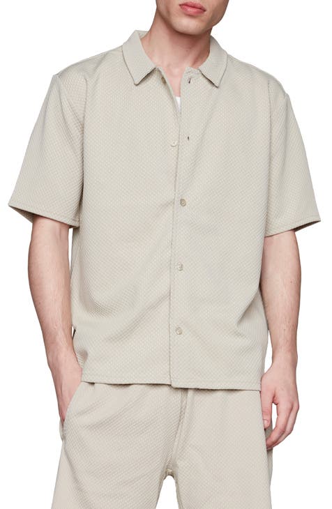 Checkbox Short Sleeve Stretch Button-Up Shirt