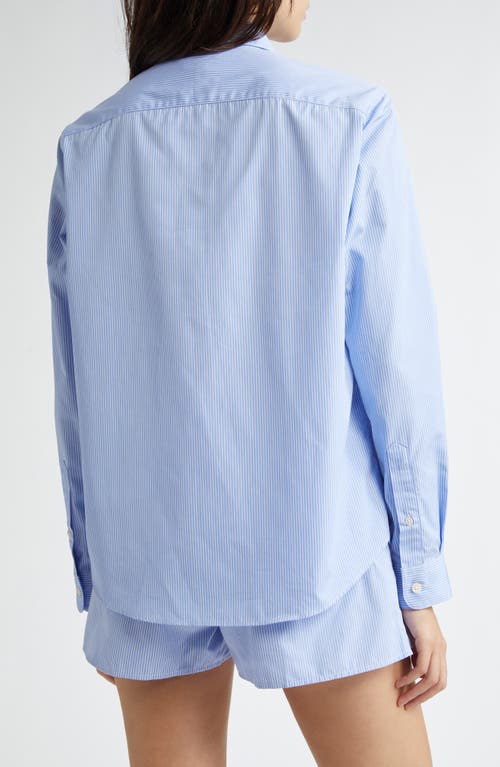 Shop Sporty And Rich Sporty & Rich Embroidered Logo Stripe Cotton Button-up Shirt In Blue/white Thin Stripe