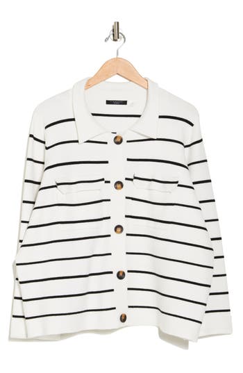 Shop T Tahari Crop Sweater Jacket In Snow Globe/black Stripe