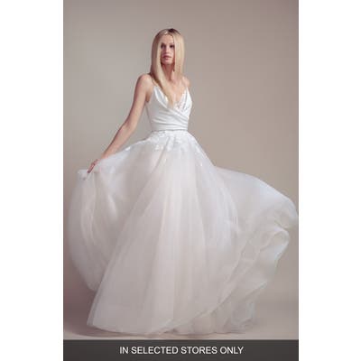 Blush By Hayley Paige Fawn V-Neck Wedding Slipdress With Overskirt, Size - Ivory