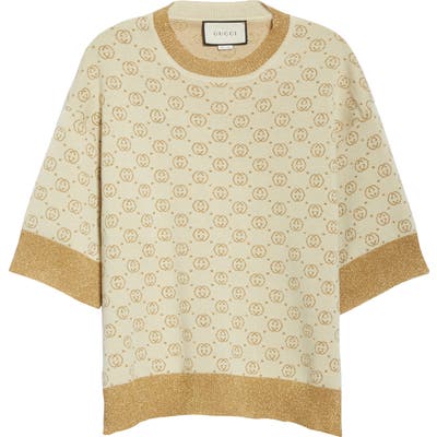 Gucci Lame Logo Jacquard Wool Blend Sweater, Ivory