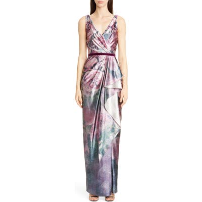Marchesa Notte Metallic Floral Print Column Gown, Pink