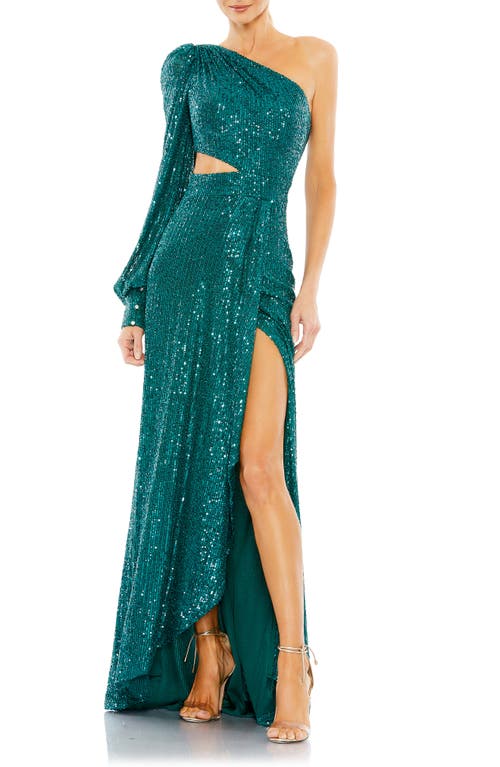Sequin Cutout One-Shoulder Gown in Teal