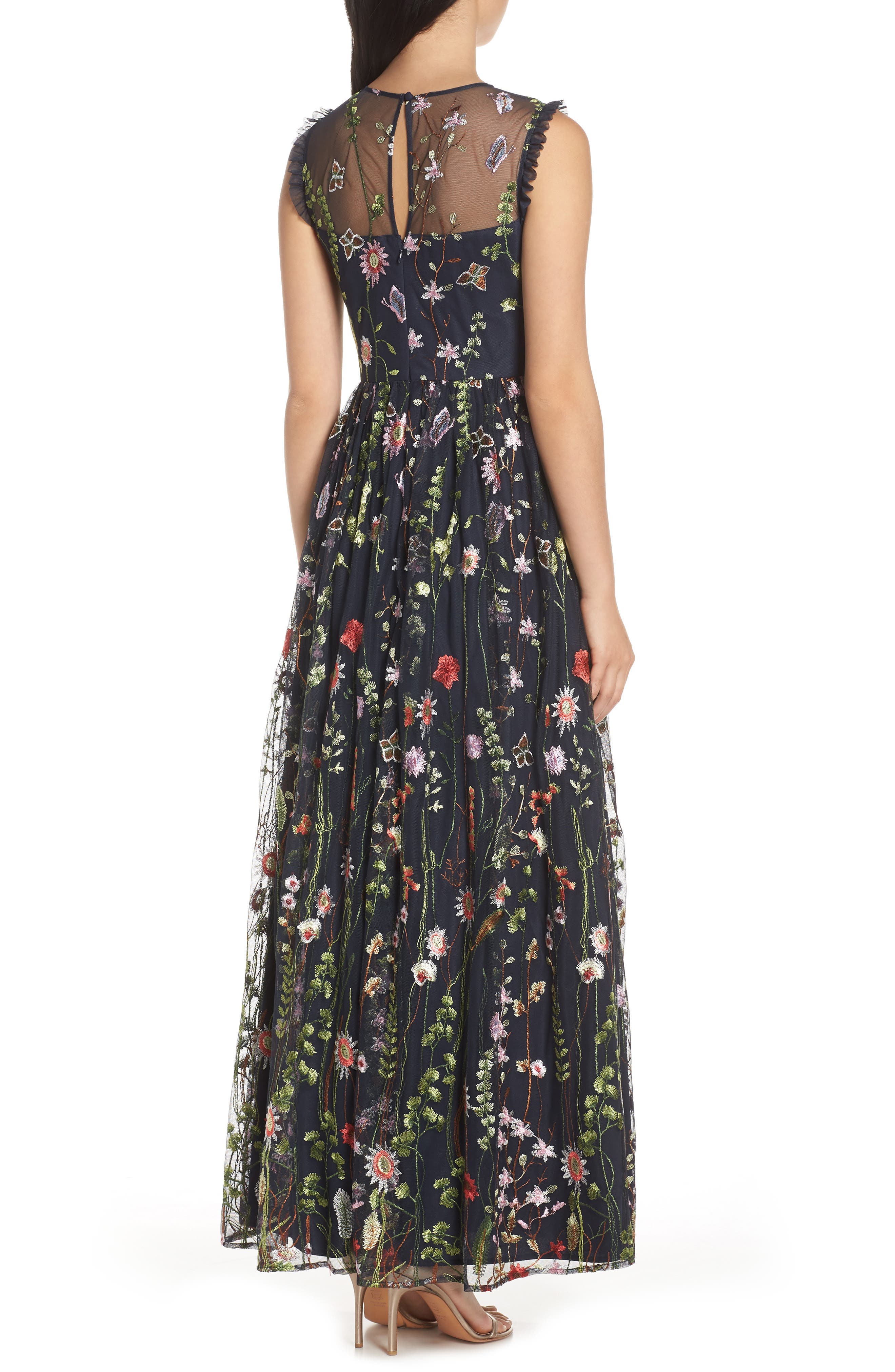 morgan & co embroidered mesh evening dress