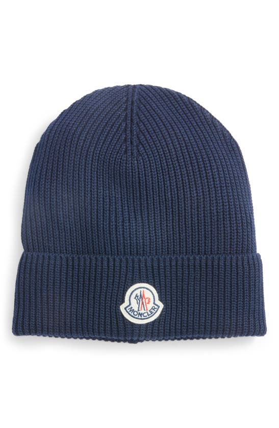 Shop Moncler Logo Patch Cotton Rib Beanie In Navy