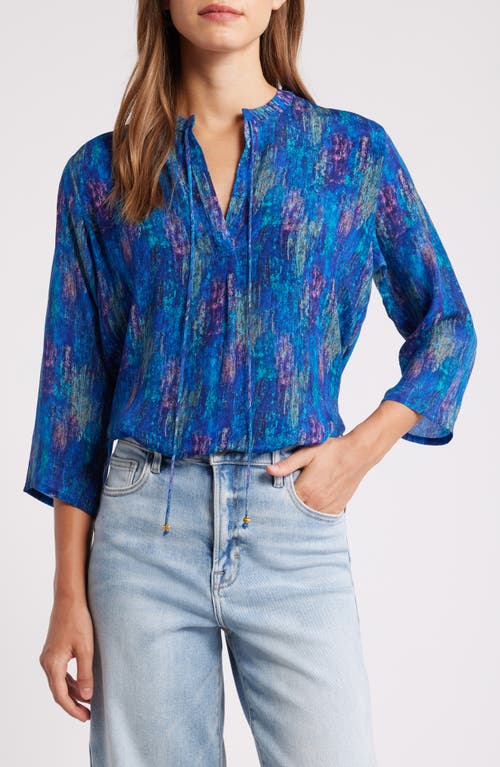 Apny Print Tie Neck Top In Blue Multi