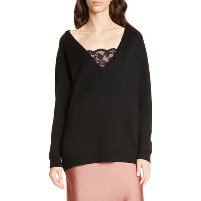 Smythe Lace Inset V-Neck Merino Wool Blend Sweater, Black