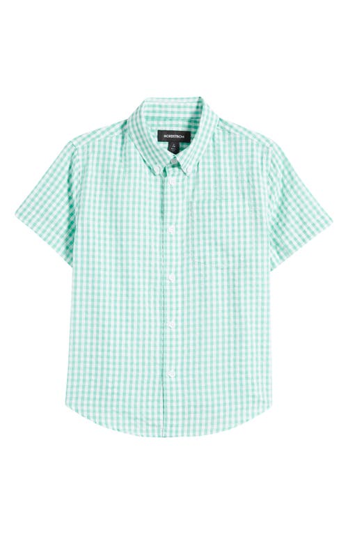 Nordstrom Kids' Short Sleeve Cotton Gingham Button-Down Shirt Teal Stone at